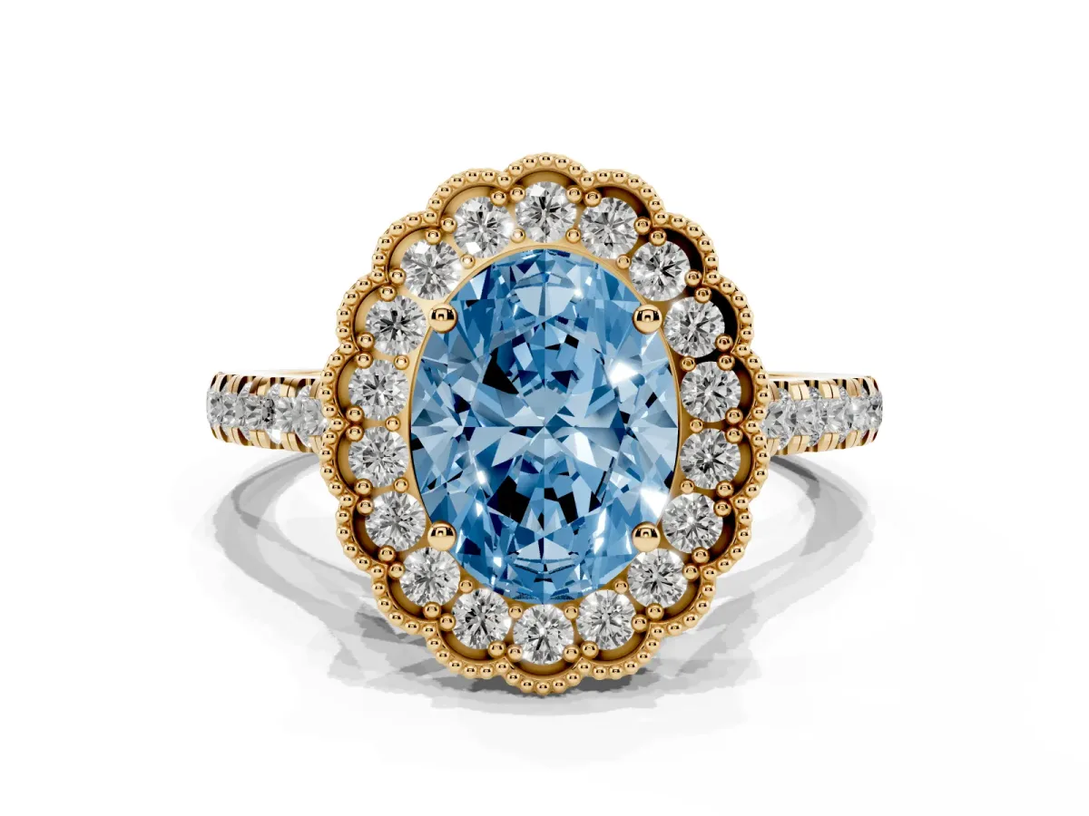 Fancy Blue Oval Cut Cut Diamond Milgrain Floral Halo Engagement Ring with Pavé Band Yellow gold