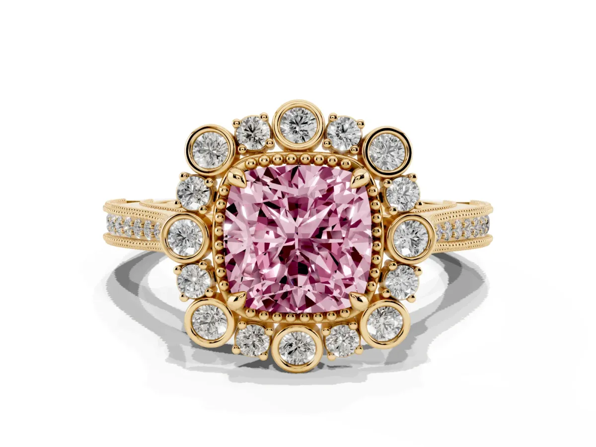 Fancy Pink Cushion Cut Halo Milgrain Pave Diamond Ring with Four-Prong Setting Yellow gold