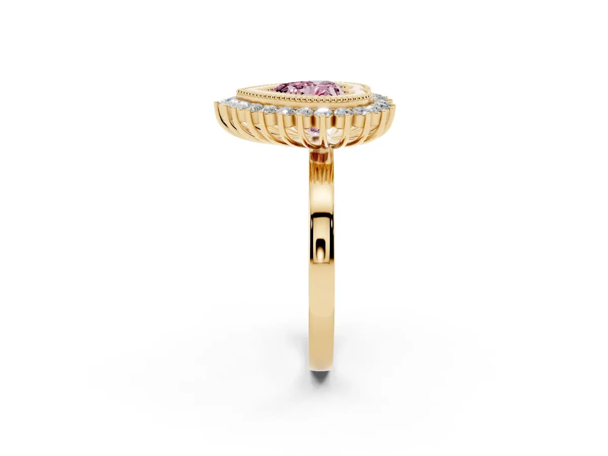 Fancy Pink Heart Cut Halo Diamond Ring with Milgrain Edge and Round Prong Setting Yellow gold