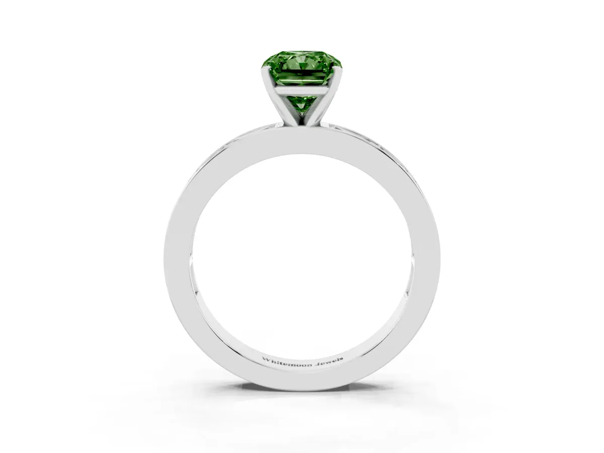 Fancy Green Radiant Cut Solitaire Diamond Ring with Channel-Set Baguette Band and Four-Prong Setting Silver