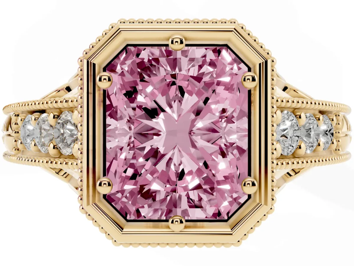 Fancy Pink Bezel Set Radiant Cut Diamond Milgrain Pave Engagement Ring Yellow gold