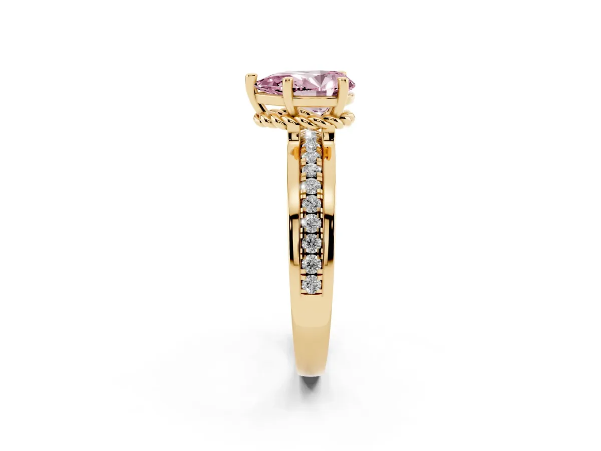 Fancy Pink Pear Cut Solitaire Diamond Ring with Channel Set Band and Six-Prong Setting Yellow gold