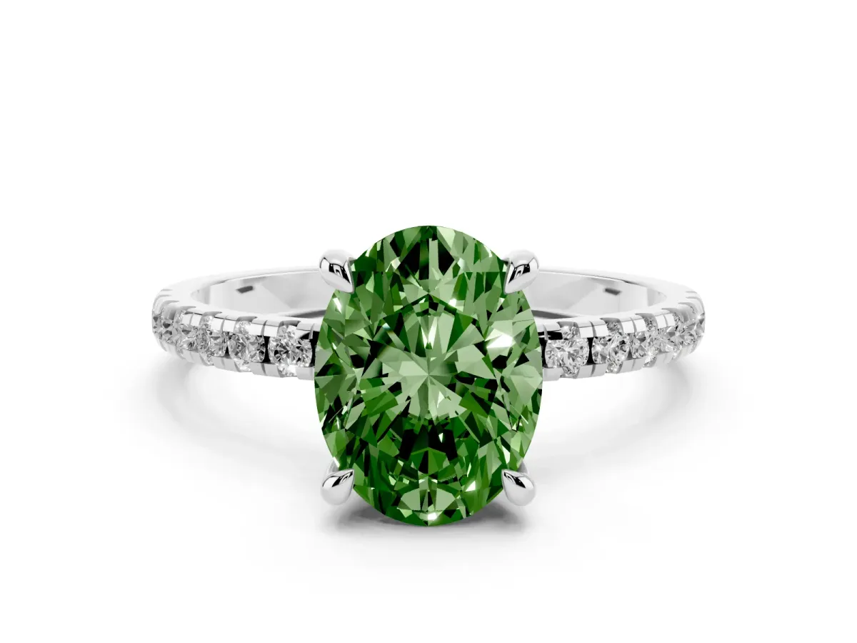 Fancy Green Oval Cut Diamond Brilliant Solitaire Ring with Pavé Band and Four-Prong Setting Platinum
