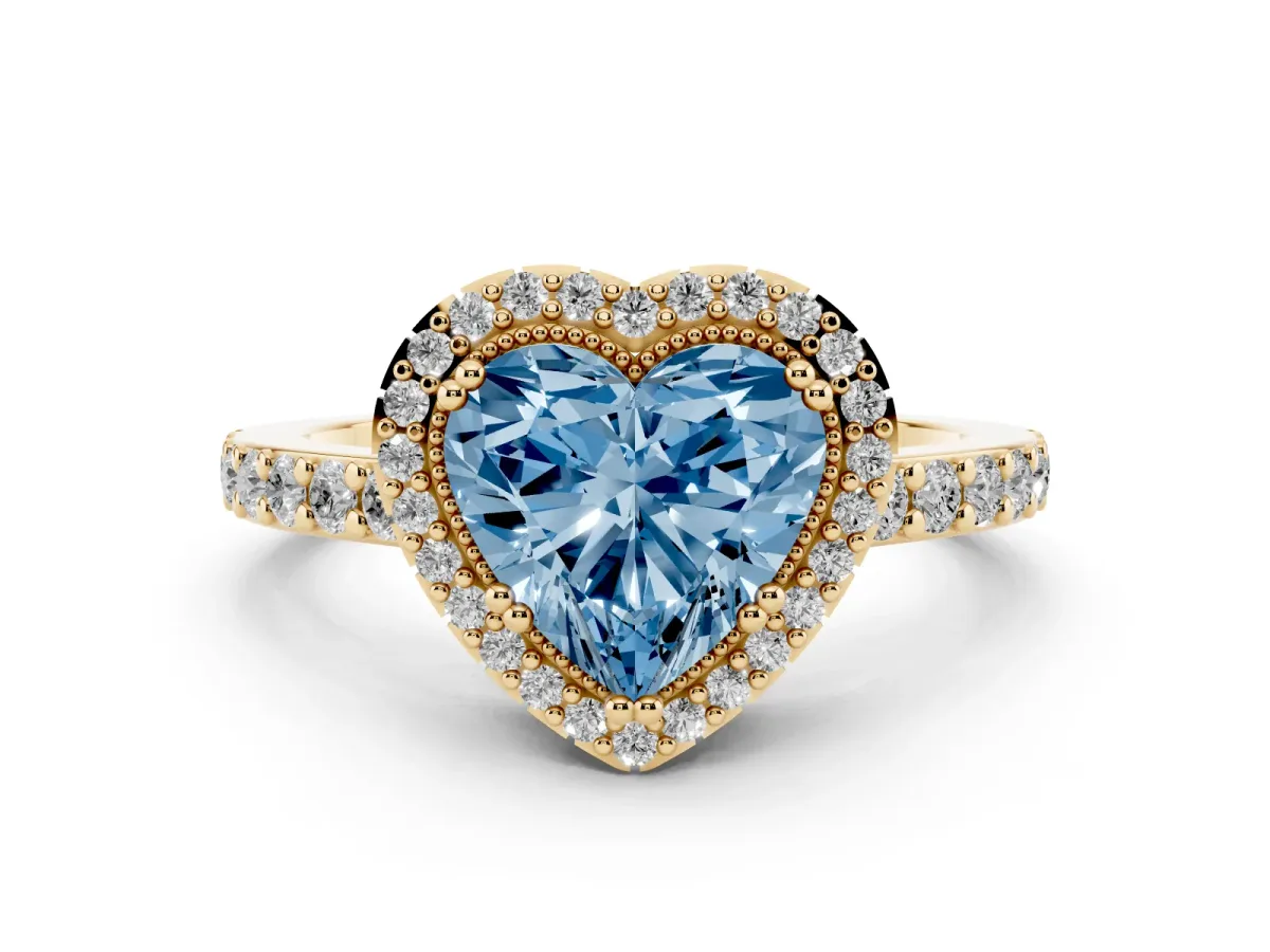 Fancy Blue Heart Cut Cut Diamond Halo Engagement Ring with Milgrain Detail and Pavé Band Yellow gold