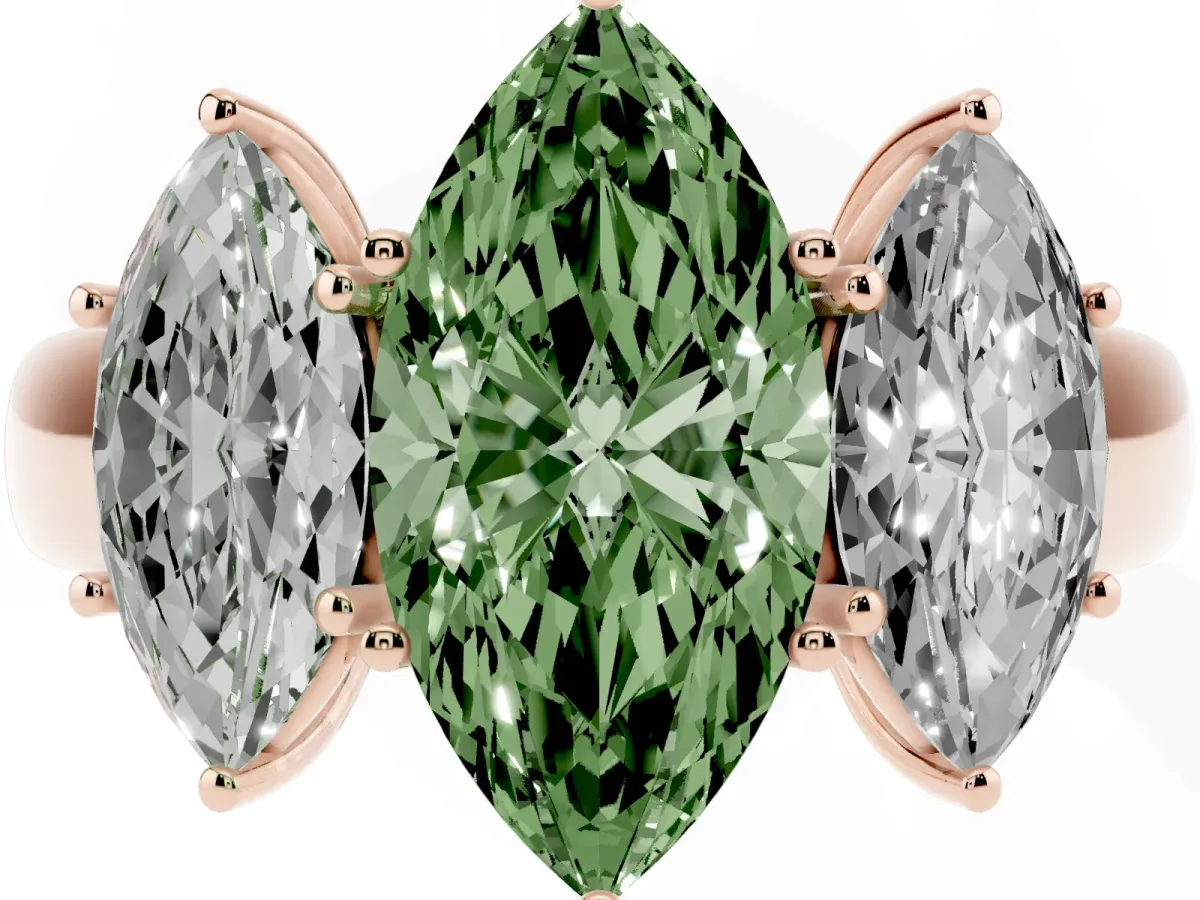 Fancy Green Three-Stone Marquise Cut Cut Diamond Ring with Prong Setting and Classic Band Rose gold