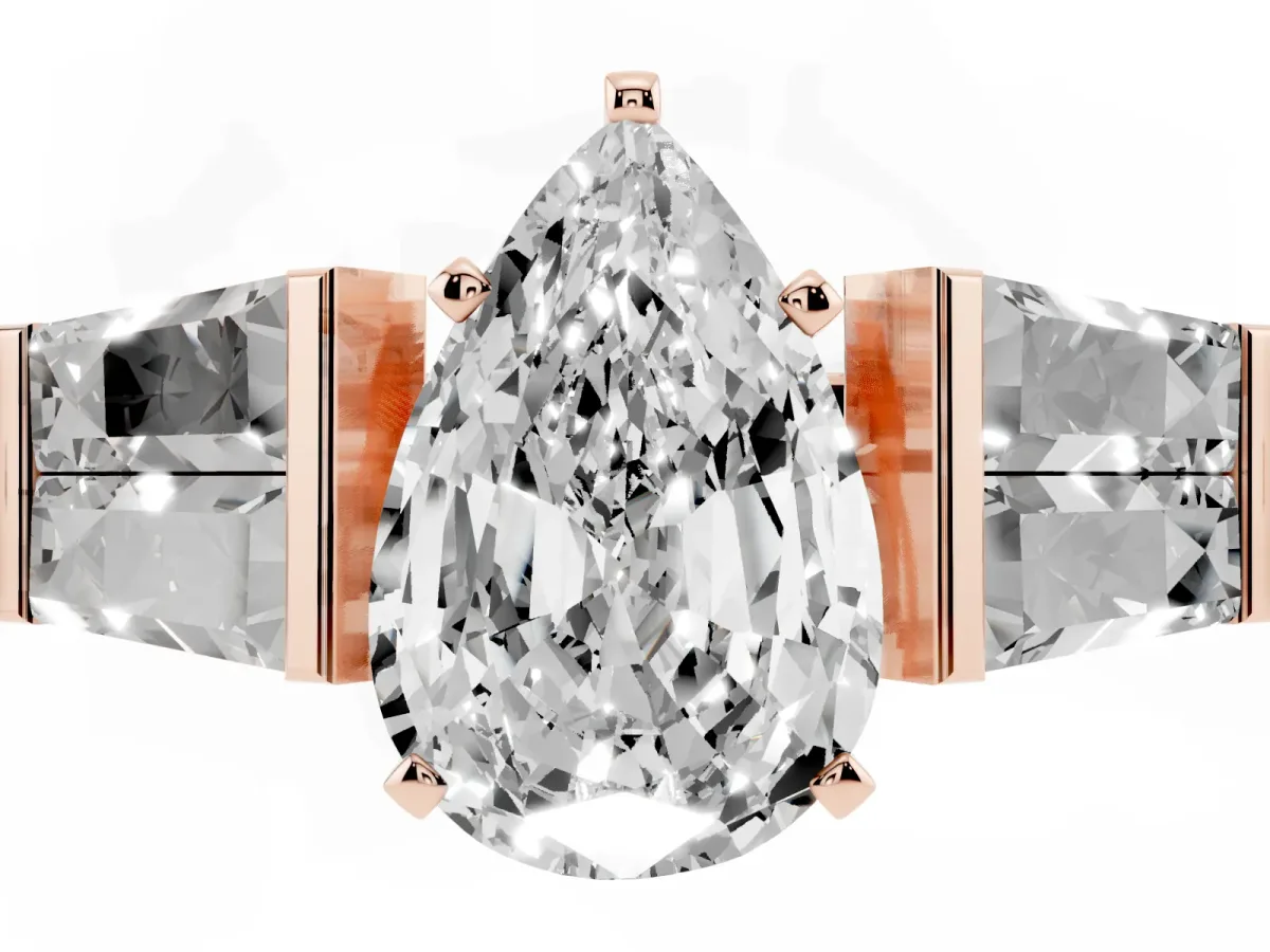 Pear Cut Diamond Engagement Ring with Baguette Side Stones and Channel Set Band Rose gold
