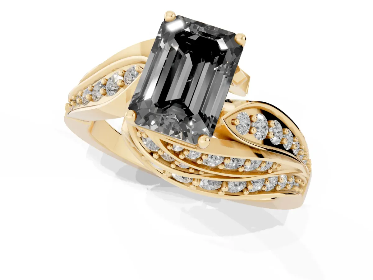 Fancy Black Emerald Cut Diamond Solitaire Ring with Prong Setting and Twisted Pavé Band Yellow gold