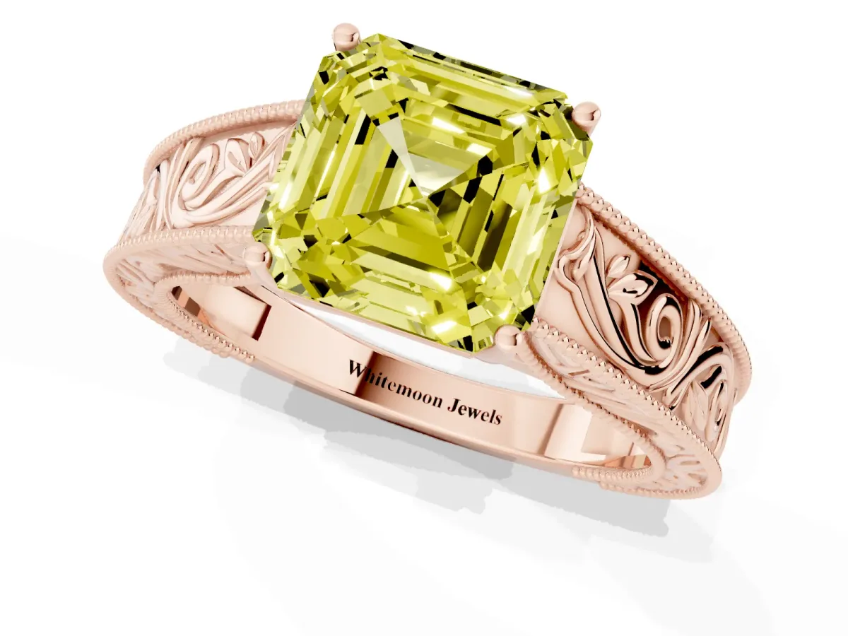 Fancy Yellow Asscher Cut Diamond Solitaire Ring with Engraved Band and Four-Prong Setting Rose gold
