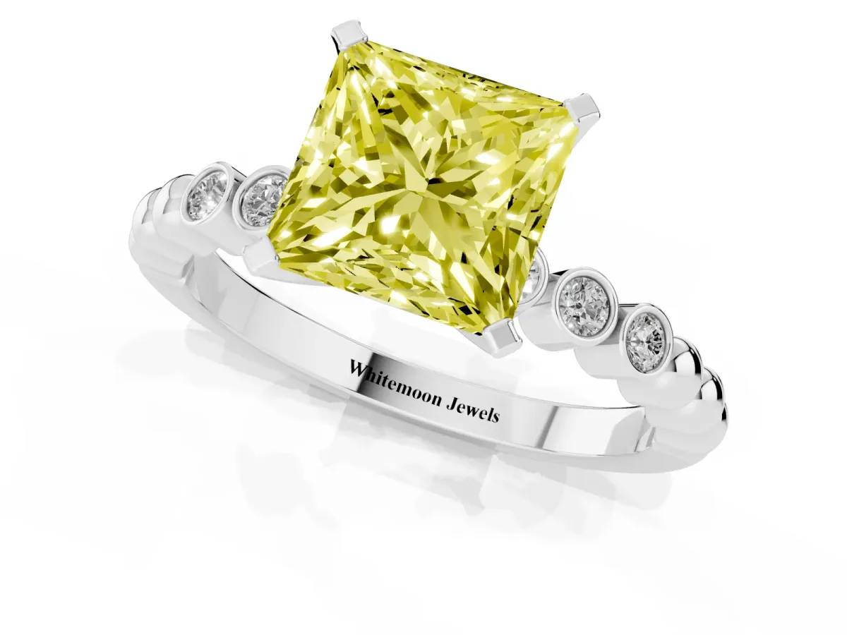 Fancy Yellow Princess Cut Solitaire Bezel Accent Diamond Engagement Ring with Beaded Band and Four-Prong Setting Silver