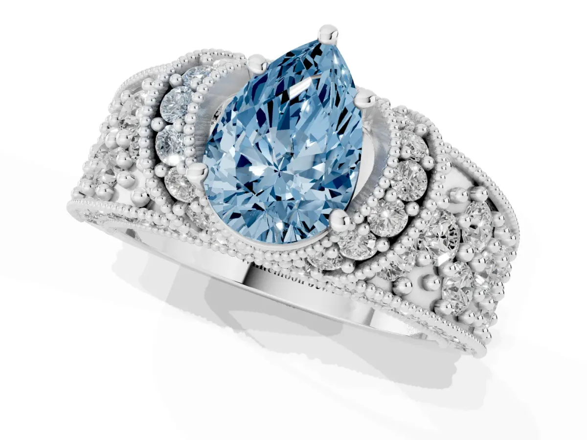 Fancy Blue Pear Cut Halo Pave Diamond Engagement Ring with Milgrain Detailing Platinum