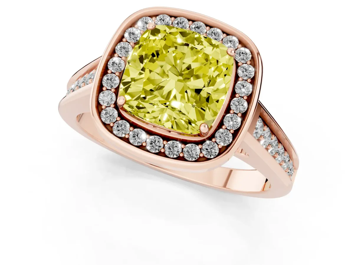 Fancy Yellow Cushion Cut Halo Solitaire Diamond Ring with Pave Band and Bezel Setting Rose gold