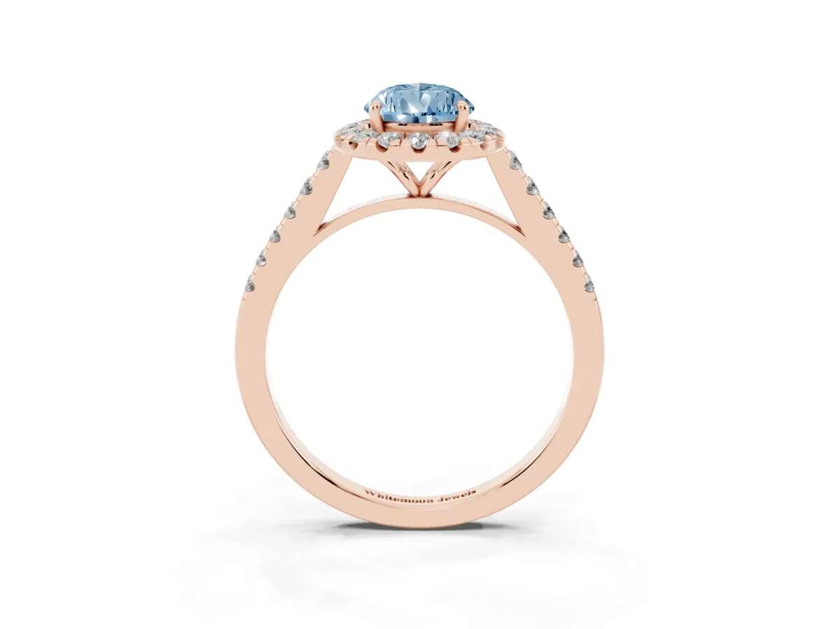 Fancy Blue Pear Cut Halo Pave Diamond Engagement Ring with Four-Prong Setting Rose gold