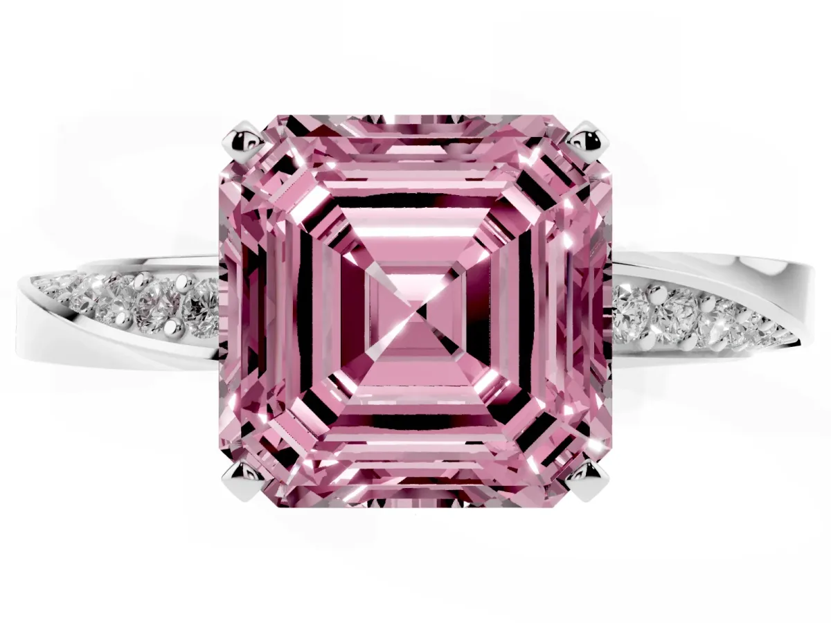 Fancy Pink Asscher Cut Diamond Engagement Ring with Side Stone Accents and Four-Prong Setting Silver