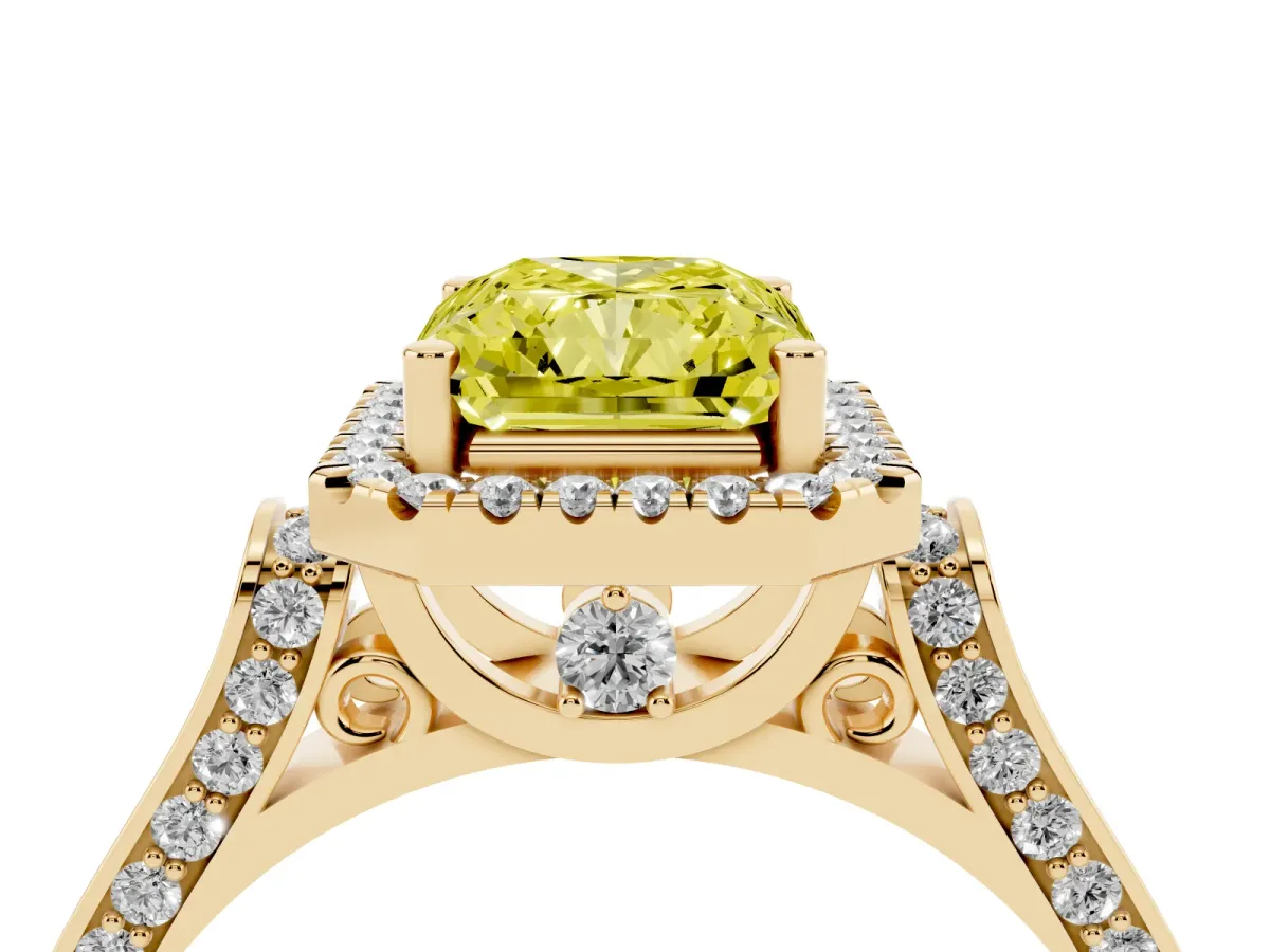 Fancy Yellow Radiant Cut Halo Pave Split Shank Prong Setting Ring Yellow gold