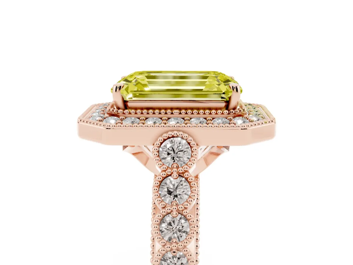 Fancy Yellow Emerald Cut Halo Milgrain Solitaire with Bezel Set Side Stones and Pave Band Rose gold