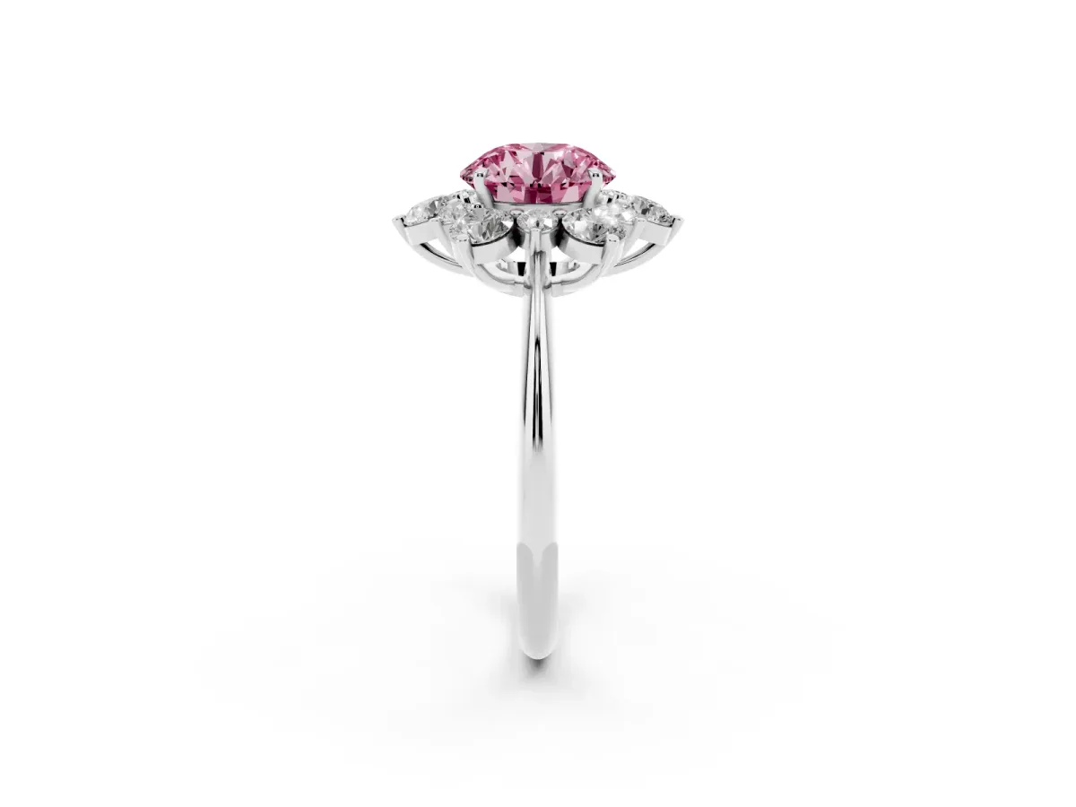 Fancy Pink Round Cut Diamond Cluster Halo Ring with Solitaire Band and Four-Prong Setting Silver
