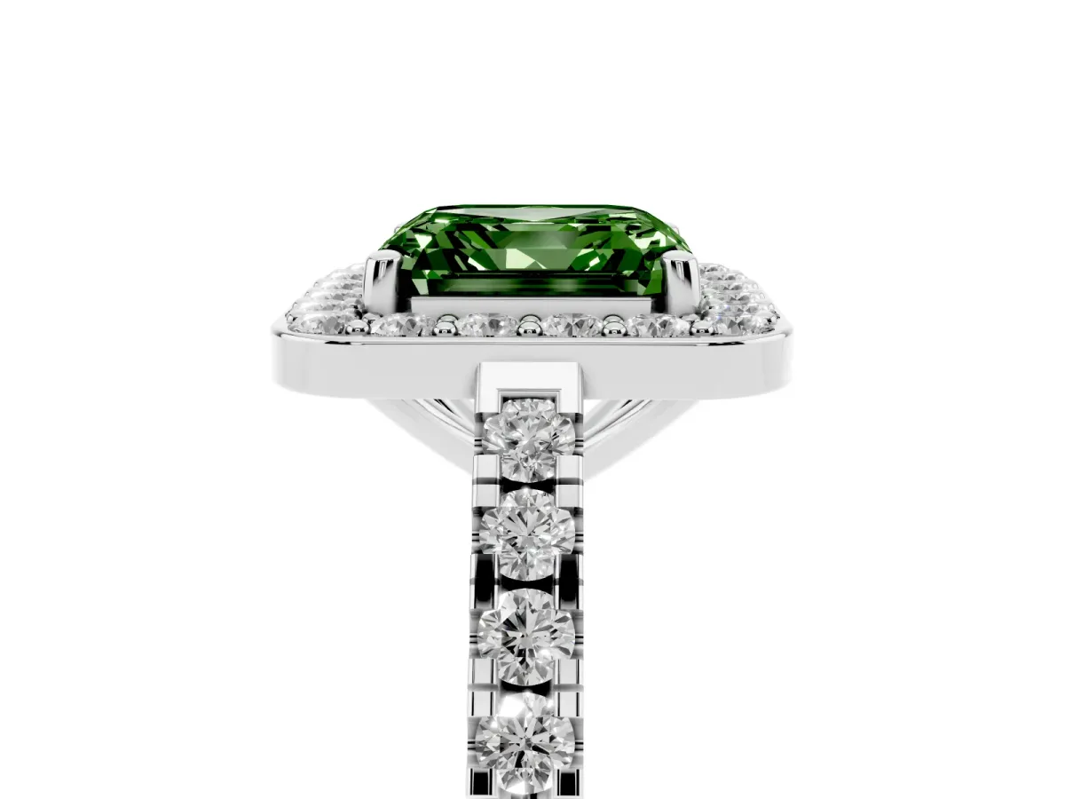 Fancy Green Asscher Cut Diamond Halo Ring with Round Pavé Split Shank and Prong Setting Silver