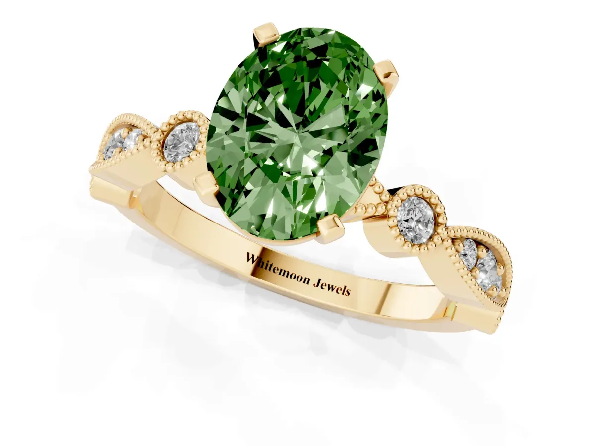 Fancy Green Oval Cut Milgrain Bezel Diamond Engagement Ring with Solitaire Prong Setting Yellow gold