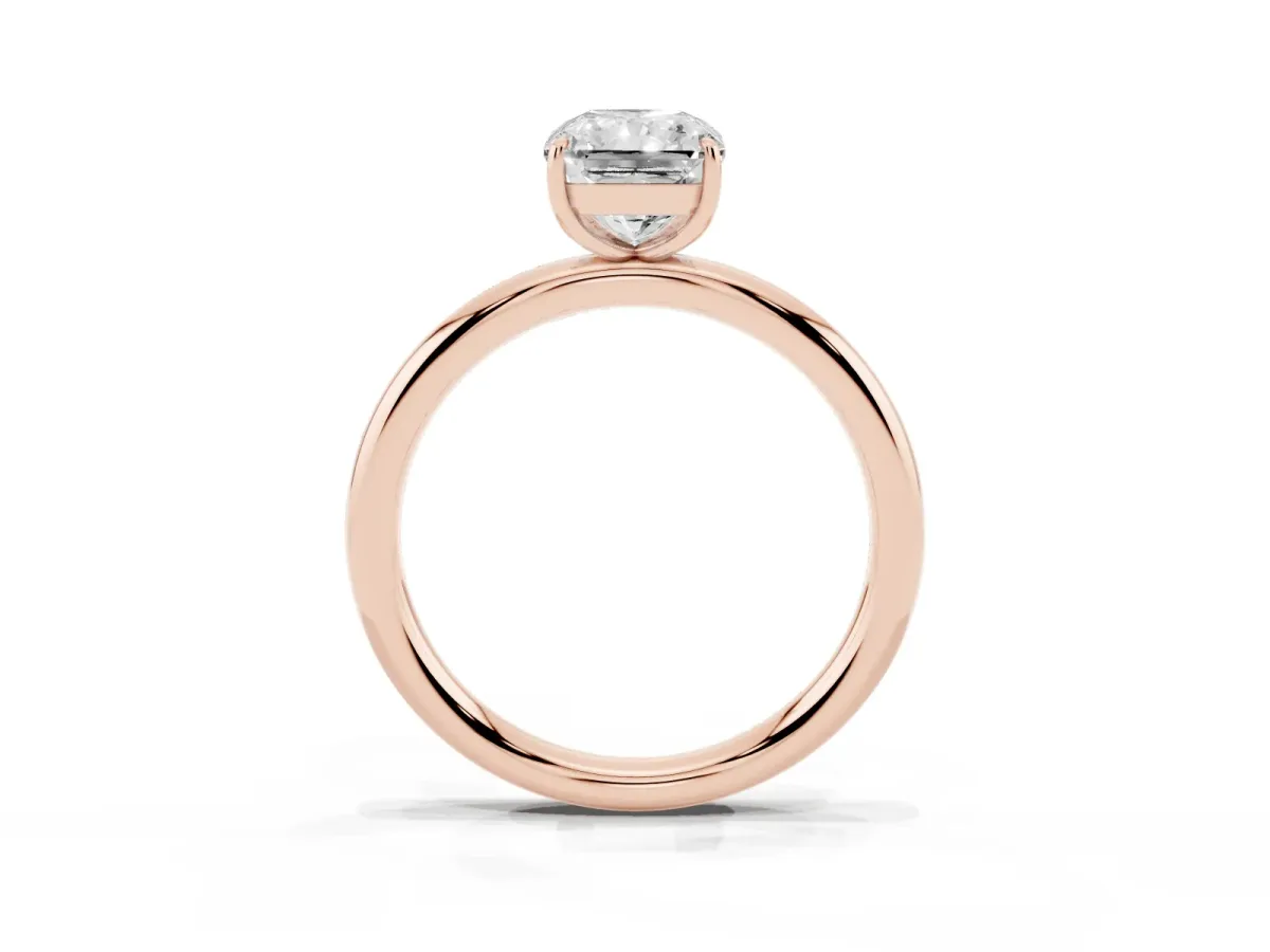 Radiant Cut Solitaire Diamond Ring with Four-Prong Setting on a Plain Band Rose gold