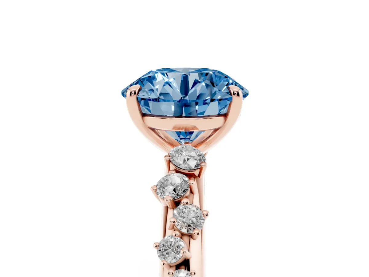 Fancy Blue Round Cut Diamond Cluster Prong-Set Solitaire Ring Rose gold