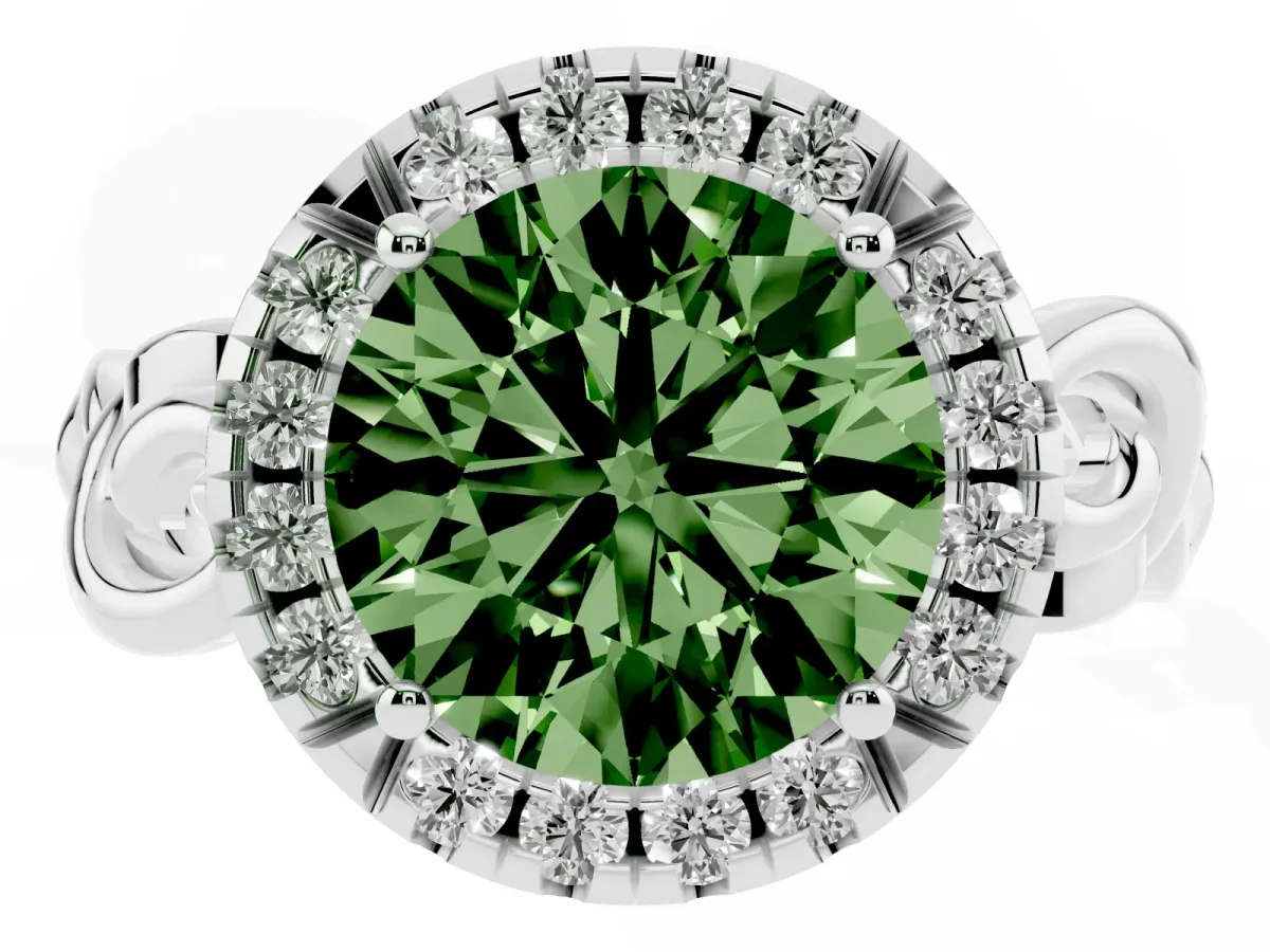 Fancy Green Round Cut Cut Halo Diamond Ring with Scrollwork Band and Four-Prong Setting Silver