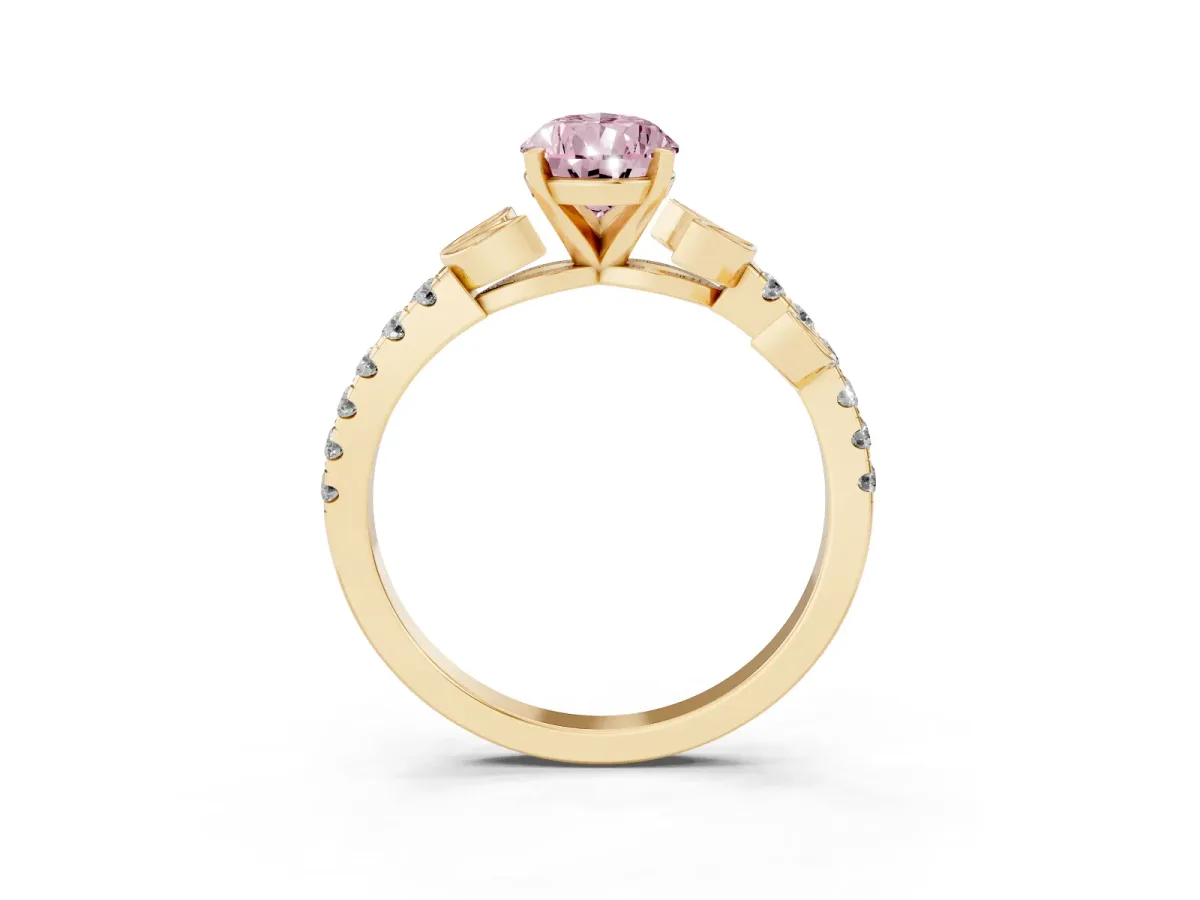 Fancy Pink Pear Cut Solitaire Leaf-Inspired Diamond Ring with Pavé Band and Four-Prong Setting Yellow gold