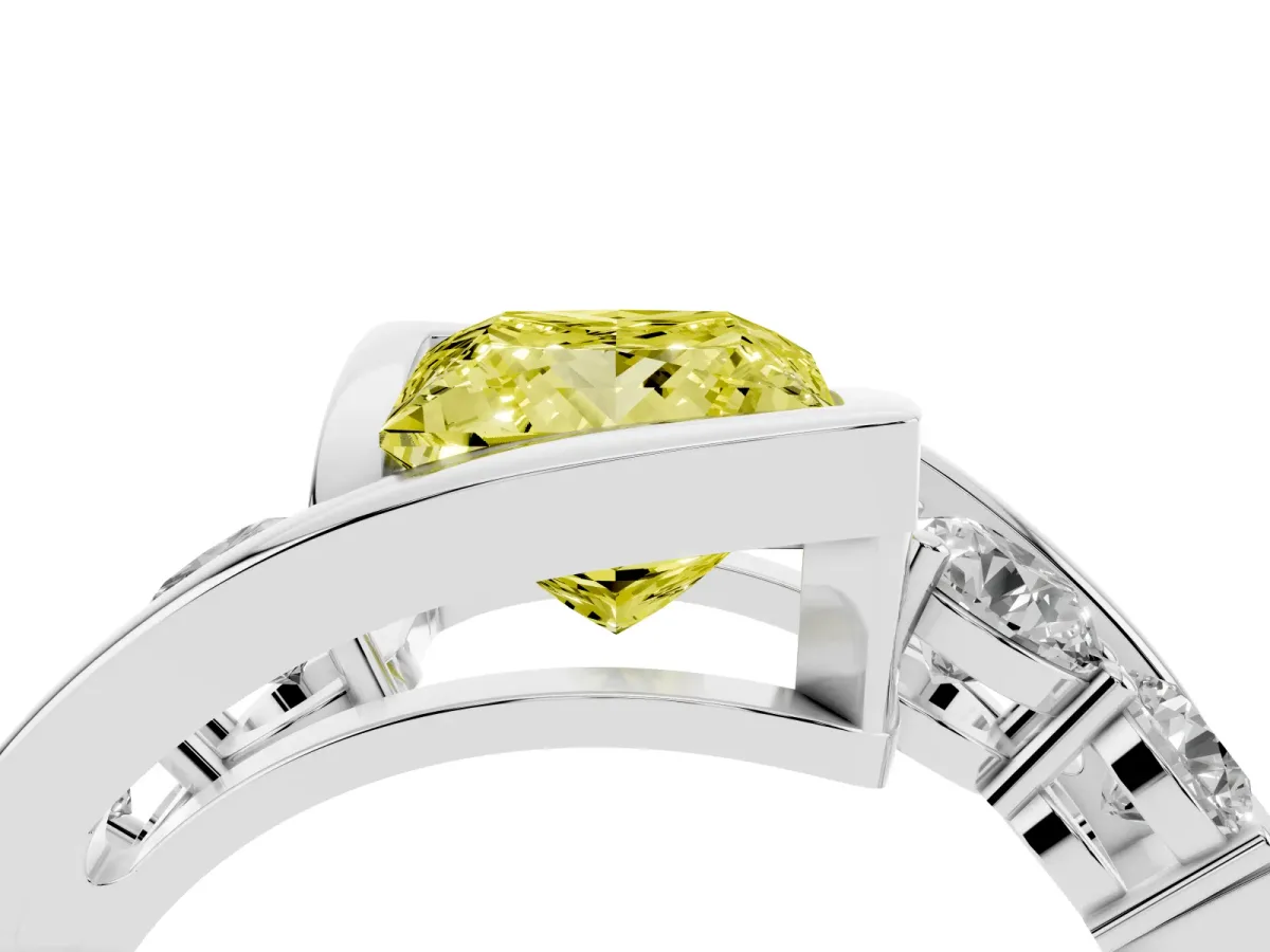 Fancy Yellow Bezel Set Princess Cut Diamond Bypass Ring with Round Accents Silver