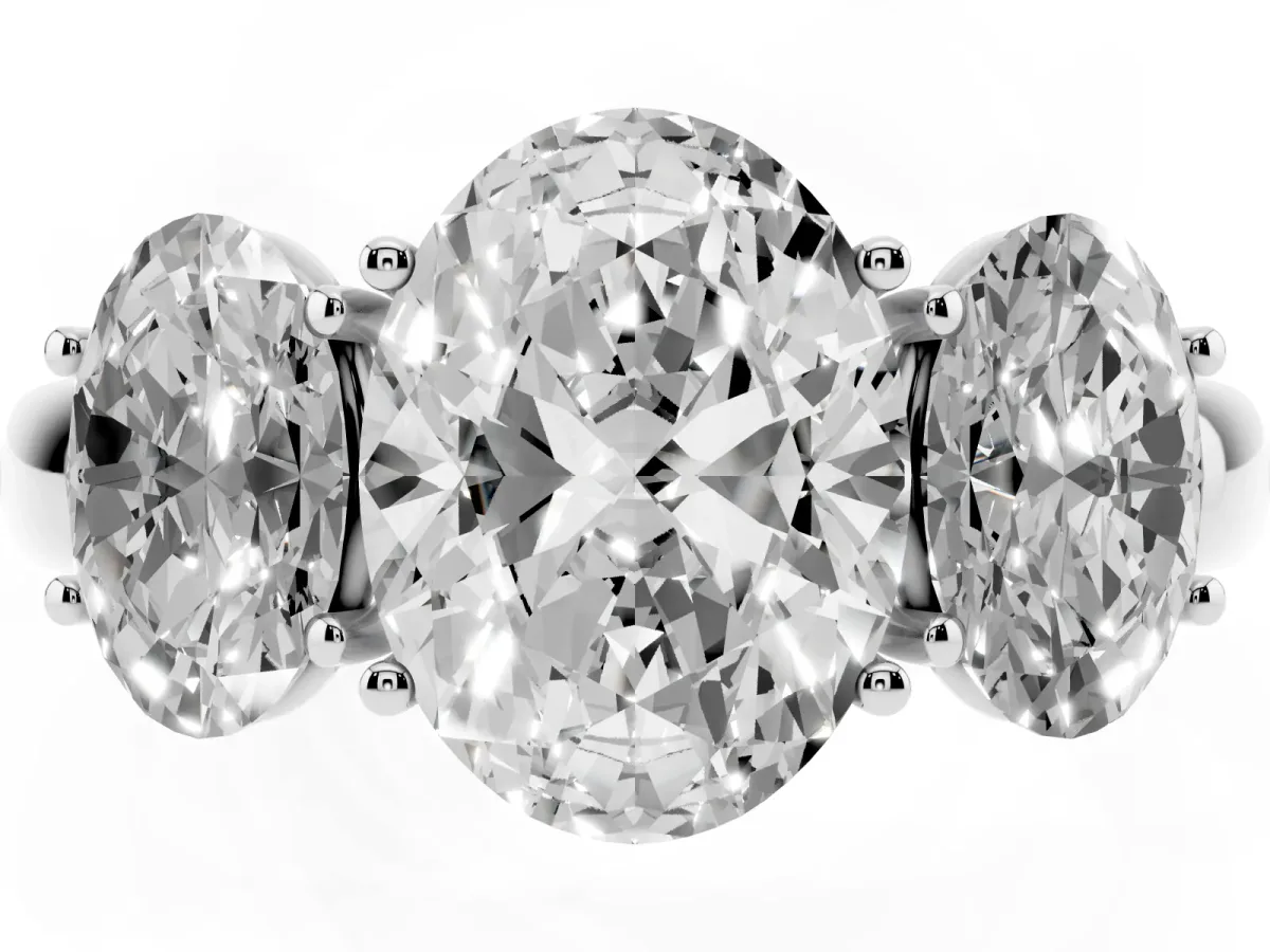Oval Cut Diamond Three-Stone Ring with Four-Prong Setting and Classic Band Platinum