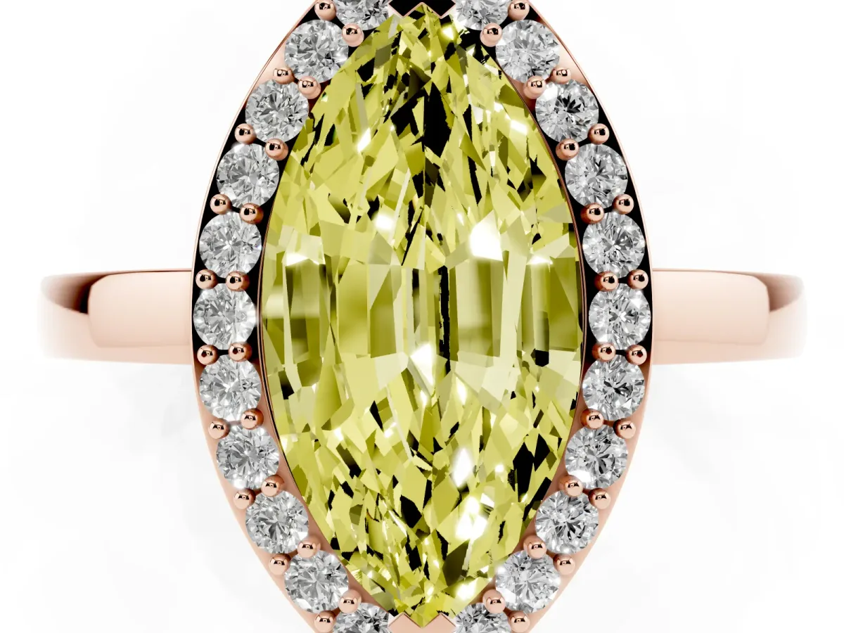 Fancy Yellow Marquise Cut Halo Diamond Ring with Solitaire Band and Prong Setting Rose gold