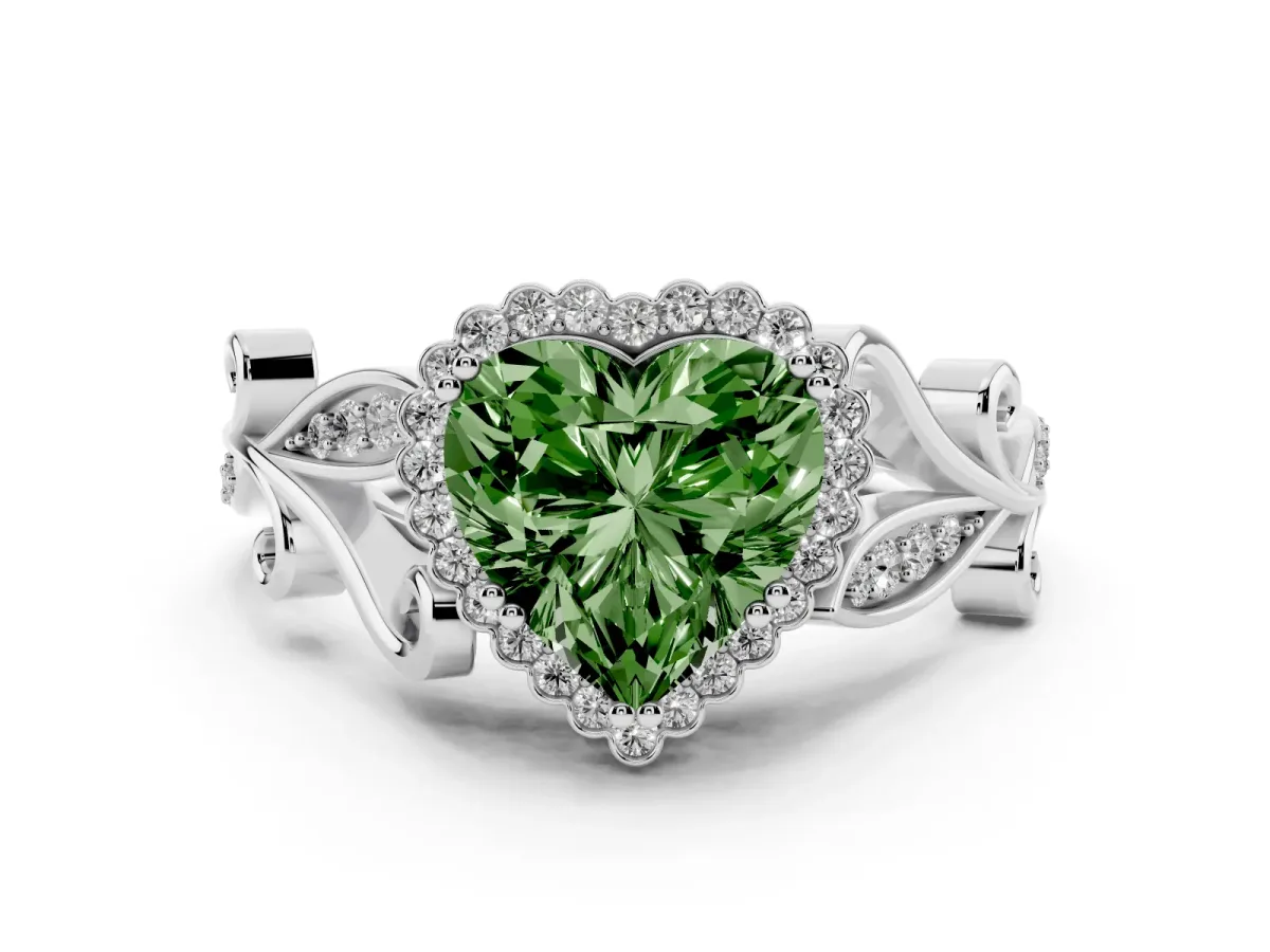 Fancy Green Heart Cut Diamond Halo Ring with Vintage Split Shank and Four-Prong Setting Silver