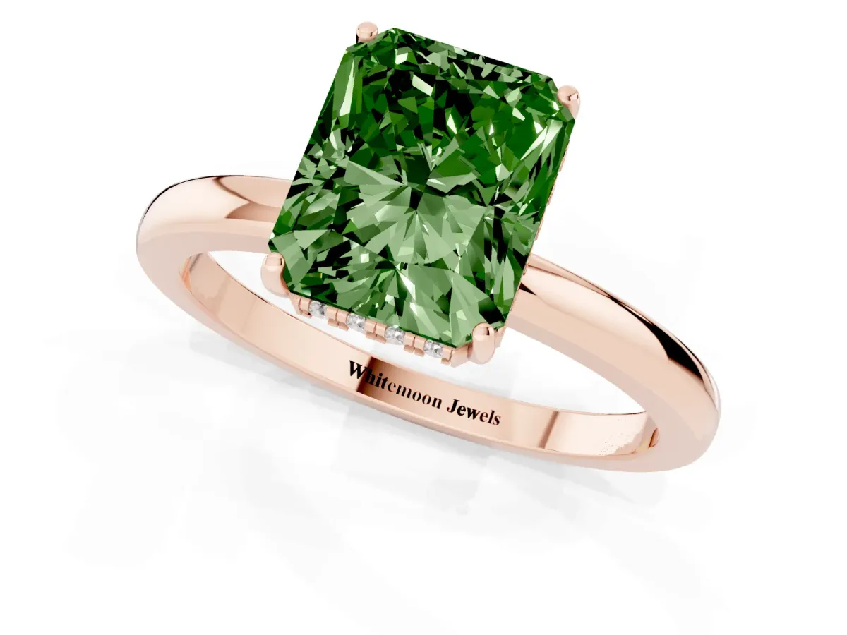 Fancy Green Radiant Cut Solitaire Diamond Ring with Prong Setting and Plain Band Rose gold
