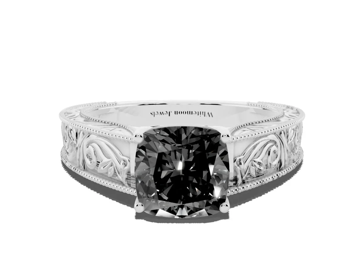 Fancy Black Cushion Cut Diamond Solitaire Ring with Engraved Band and Four-Prong Setting Silver