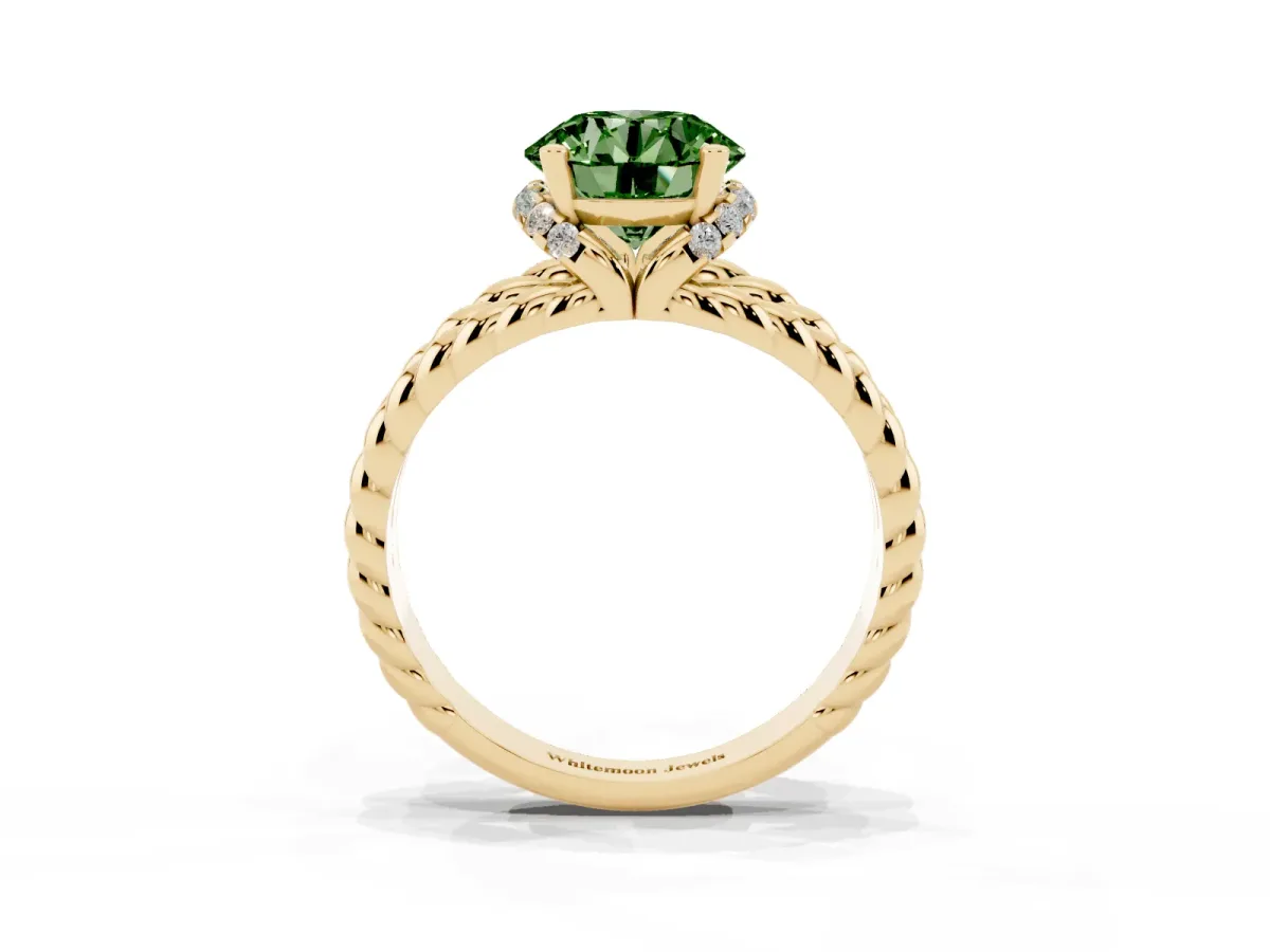 Fancy Green Round Cut Halo Twisted Band Four-Prong Ring Yellow gold
