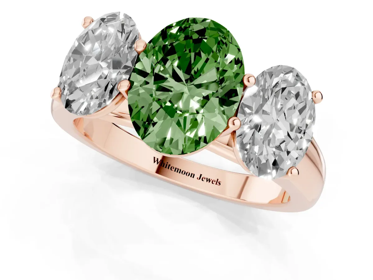 Fancy Green Oval Cut Three-Stone Diamond Ring with Prong Setting on a Classic Band Rose gold