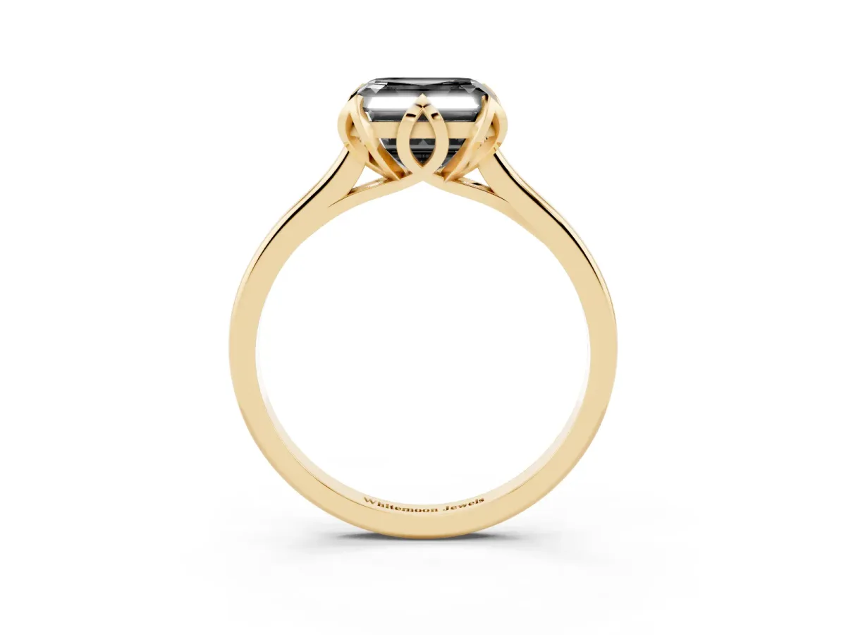 Fancy Black Asscher Cut Diamond Solitaire Ring with Flower Prong Setting and Classic Band Yellow gold