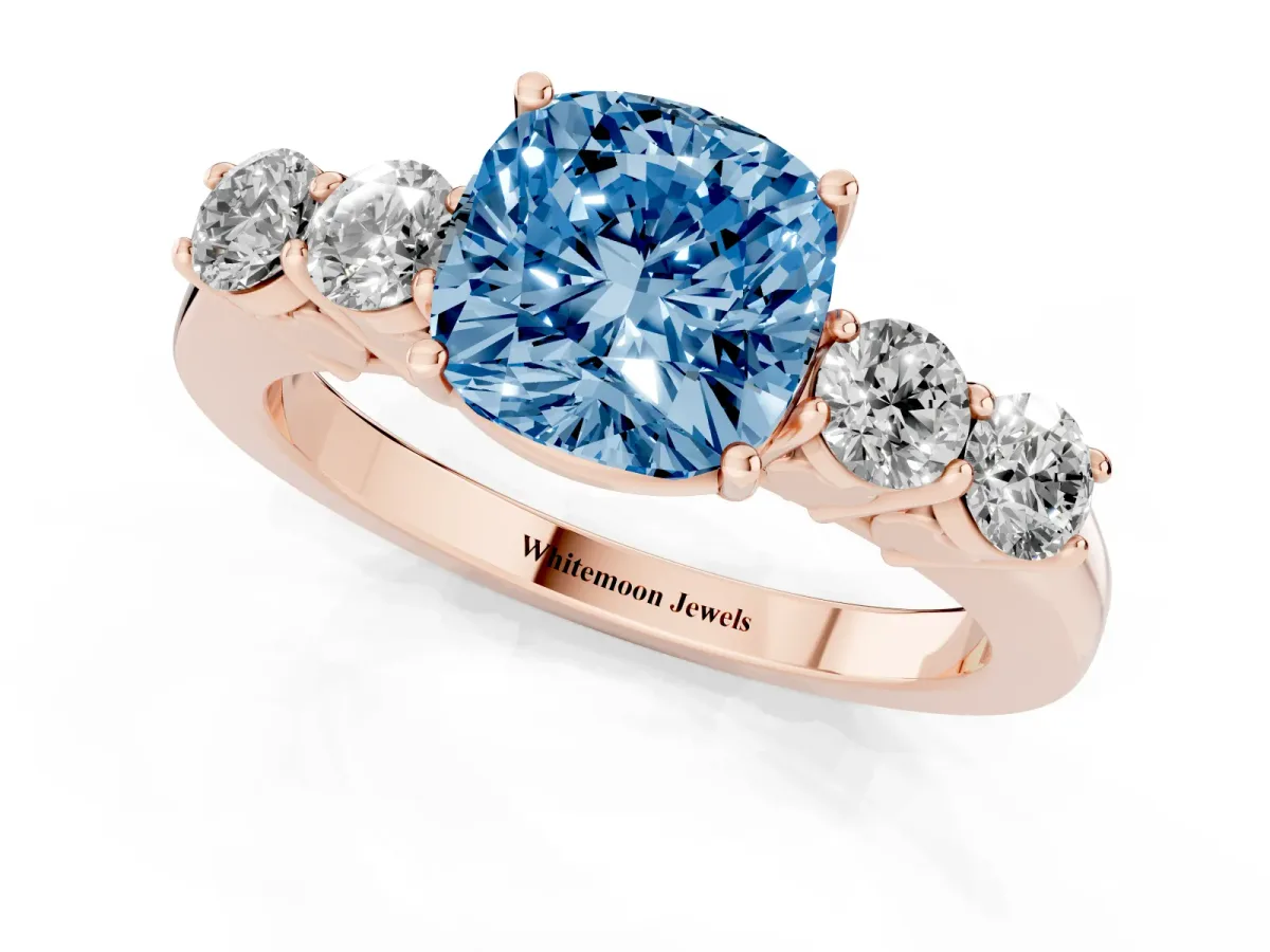 Fancy Blue Cushion Cut Cut Diamond Five-Stone Prong Set White Gold Ring Rose gold