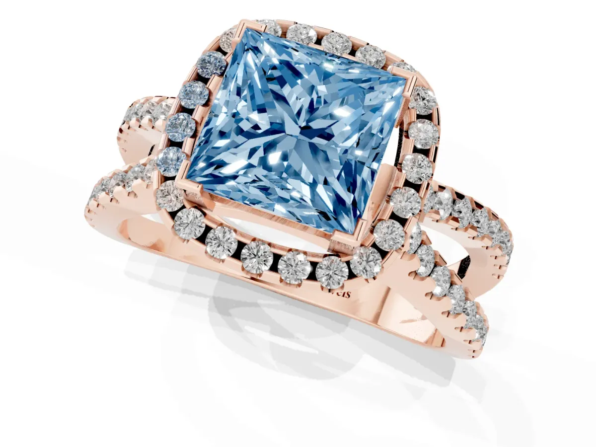 Fancy Blue Princess Cut Diamond Halo Ring with Split Shank Pavé Band and Prong Setting Rose gold