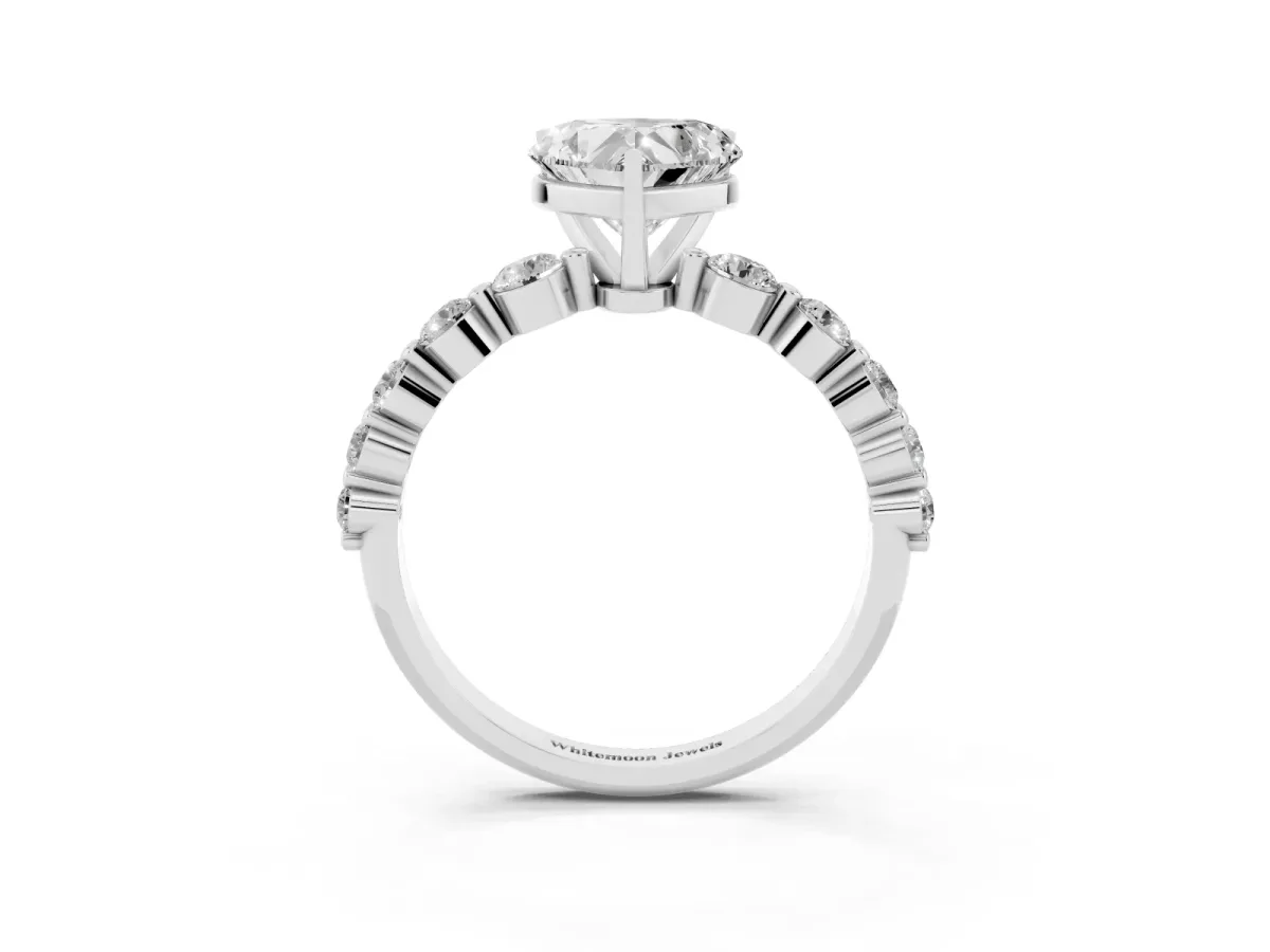 Heart Cut Solitaire Diamond Ring with Pave Band and Four-Prong Setting Silver