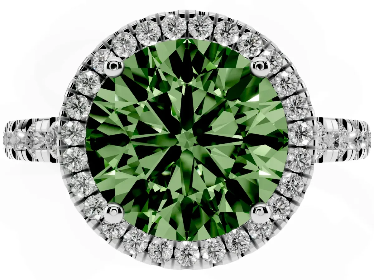Fancy Green Round Cut Diamond Halo Ring with Pavé Band and Four-Prong Setting Silver