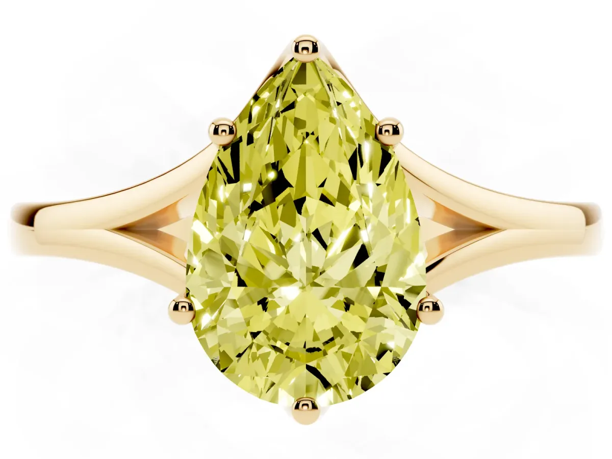 Fancy Yellow Pear Cut Solitaire Diamond Ring with Six-Prong Setting and Tapered Band Yellow gold