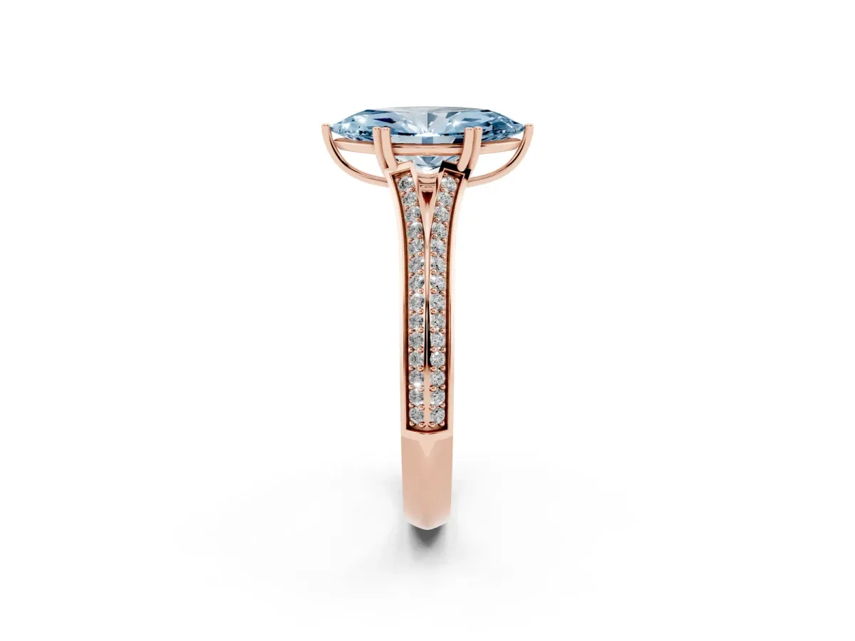 Fancy Blue Marquise Cut Diamond Split Shank Engagement Ring with Pavé Band Rose gold