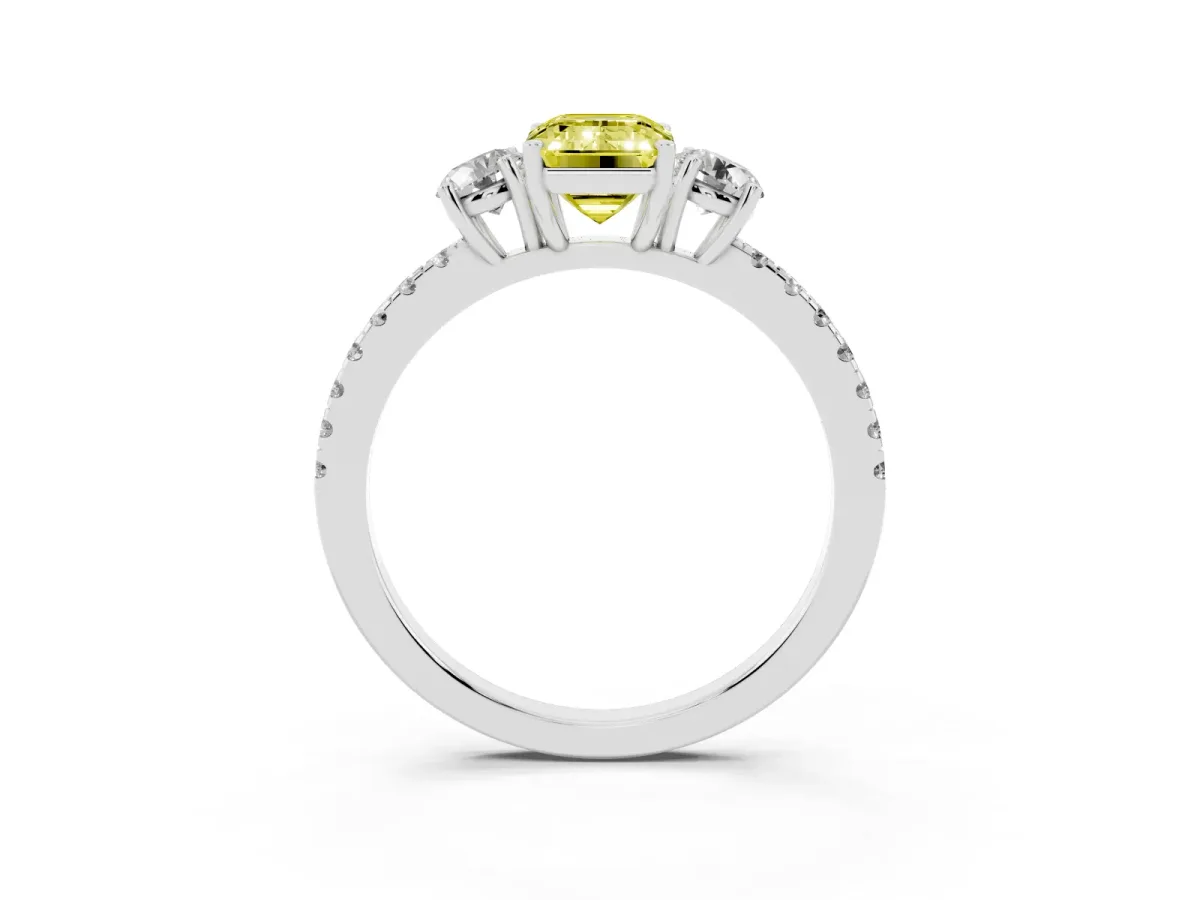 Fancy Yellow Three-Stone Emerald Cut Cut Diamond Pavé Band with Prong Setting Silver