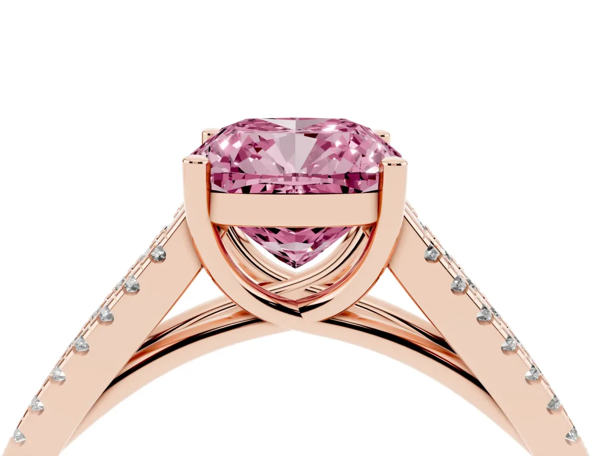 Fancy Pink Cushion Cut Diamond Solitaire Engagement Ring with Split Shank Pavé Band Rose gold