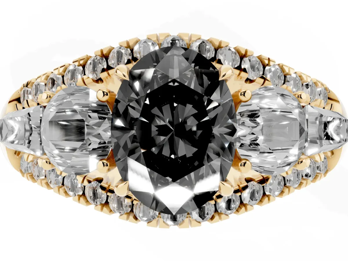 Fancy Black Three-Stone Oval Cut Diamond Engagement Ring with Pave Band and Prong Setting Yellow gold