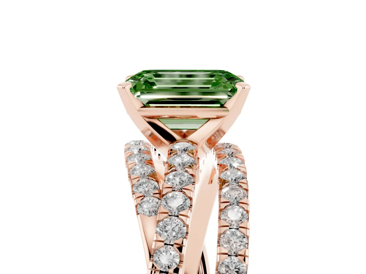 Fancy Green Emerald Cut Solitaire Twist Band with Pavé Setting and Four-Prong Setting Rose gold