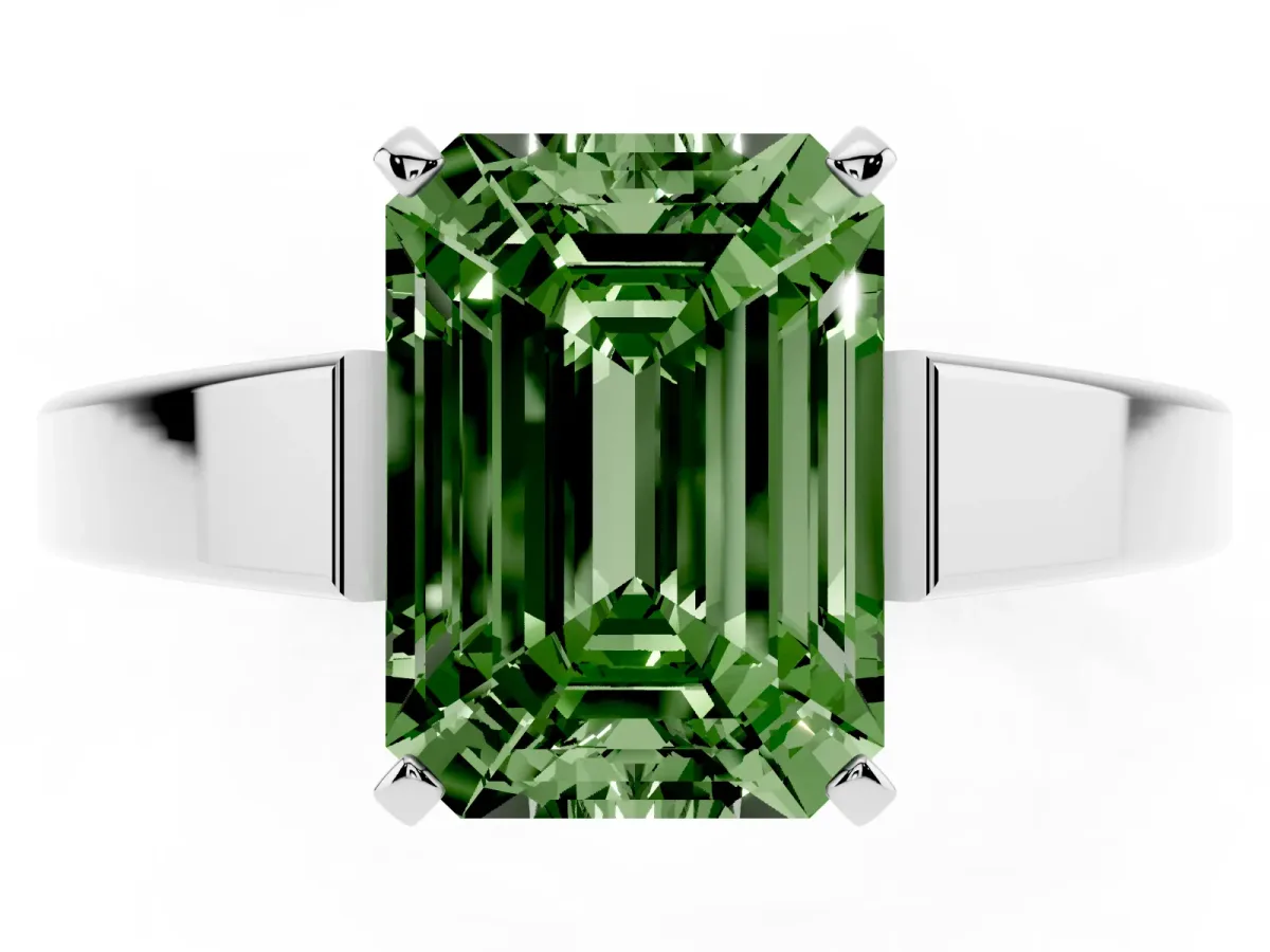 Fancy Green Emerald Cut Solitaire Engagement Ring with Four-Prong Setting and Tapered Band Silver