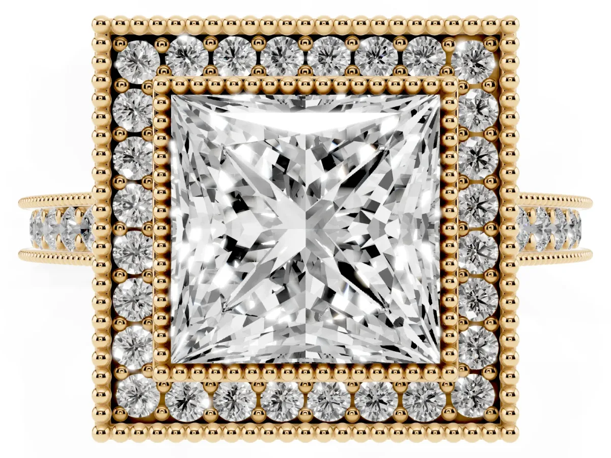 Halo Princess Cut-Cut Diamond Pave Band Milgrain Prong Setting Ring Yellow gold