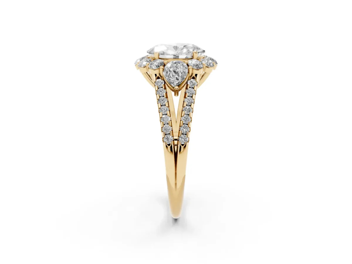Oval Cut Halo Split Shank Diamond Engagement Ring with Prong Setting Yellow gold