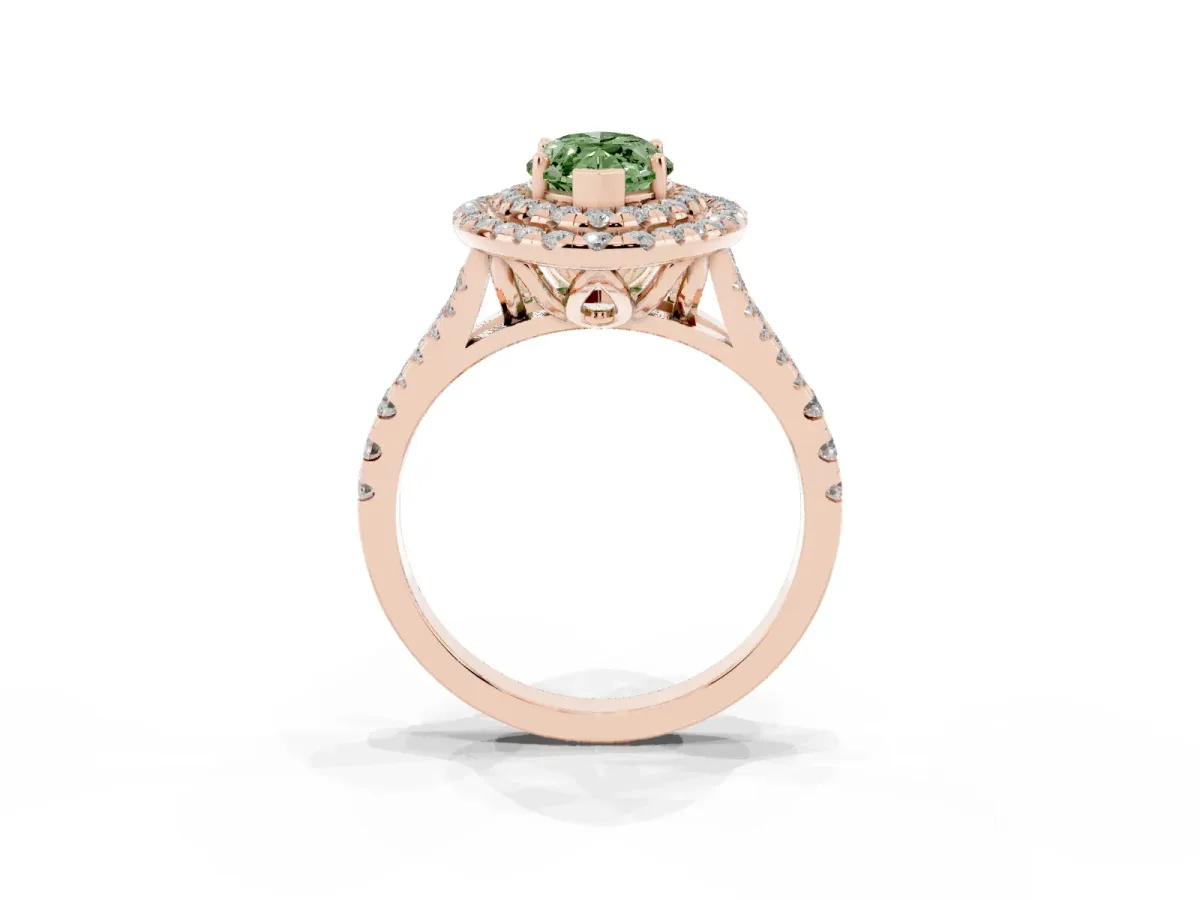 Fancy Green Double Halo Marquise Cut Diamond Pavé Split Shank Ring with Prong Setting Rose gold