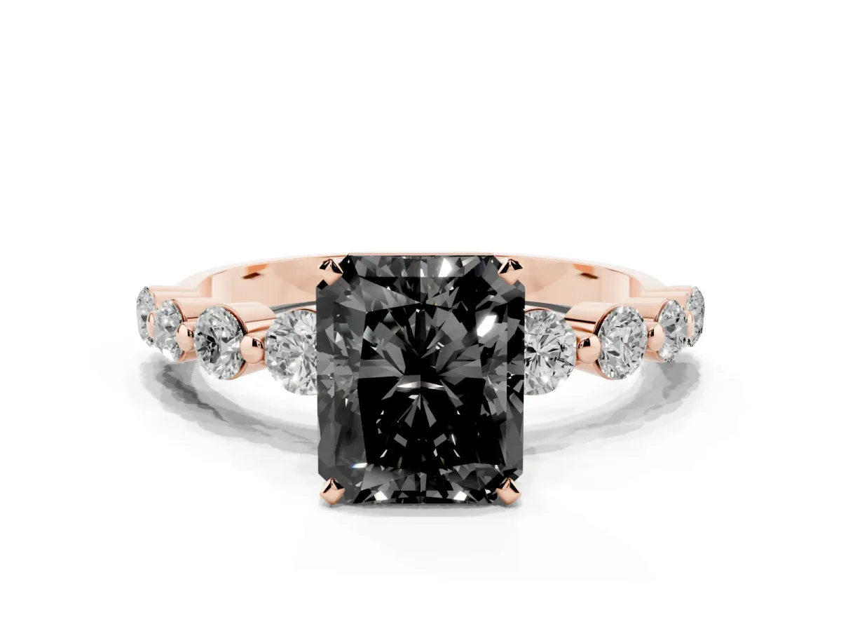 Fancy Black Radiant Cut Solitaire Diamond Ring with Pave Band and Four-Prong Setting Rose gold